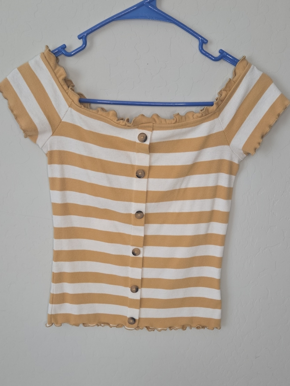 Striped Off-Shoulder Crop Top in White & Mustard